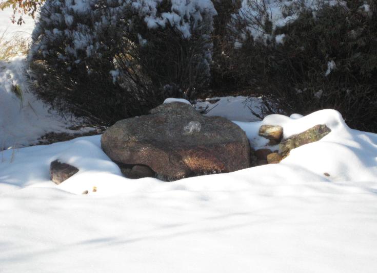 Moss rock fountain in snow