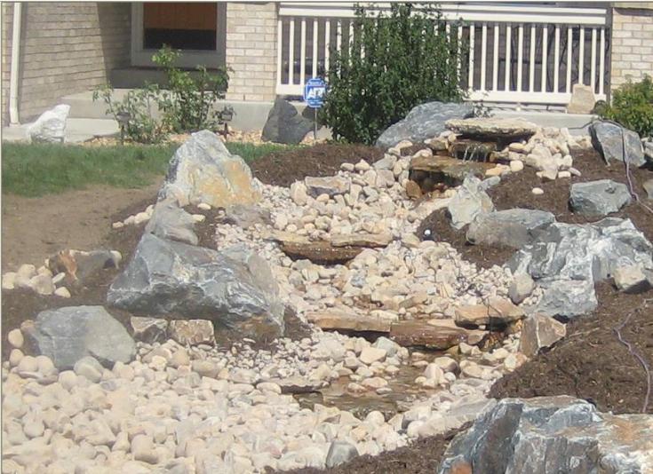 front yard pondless water feature and stream